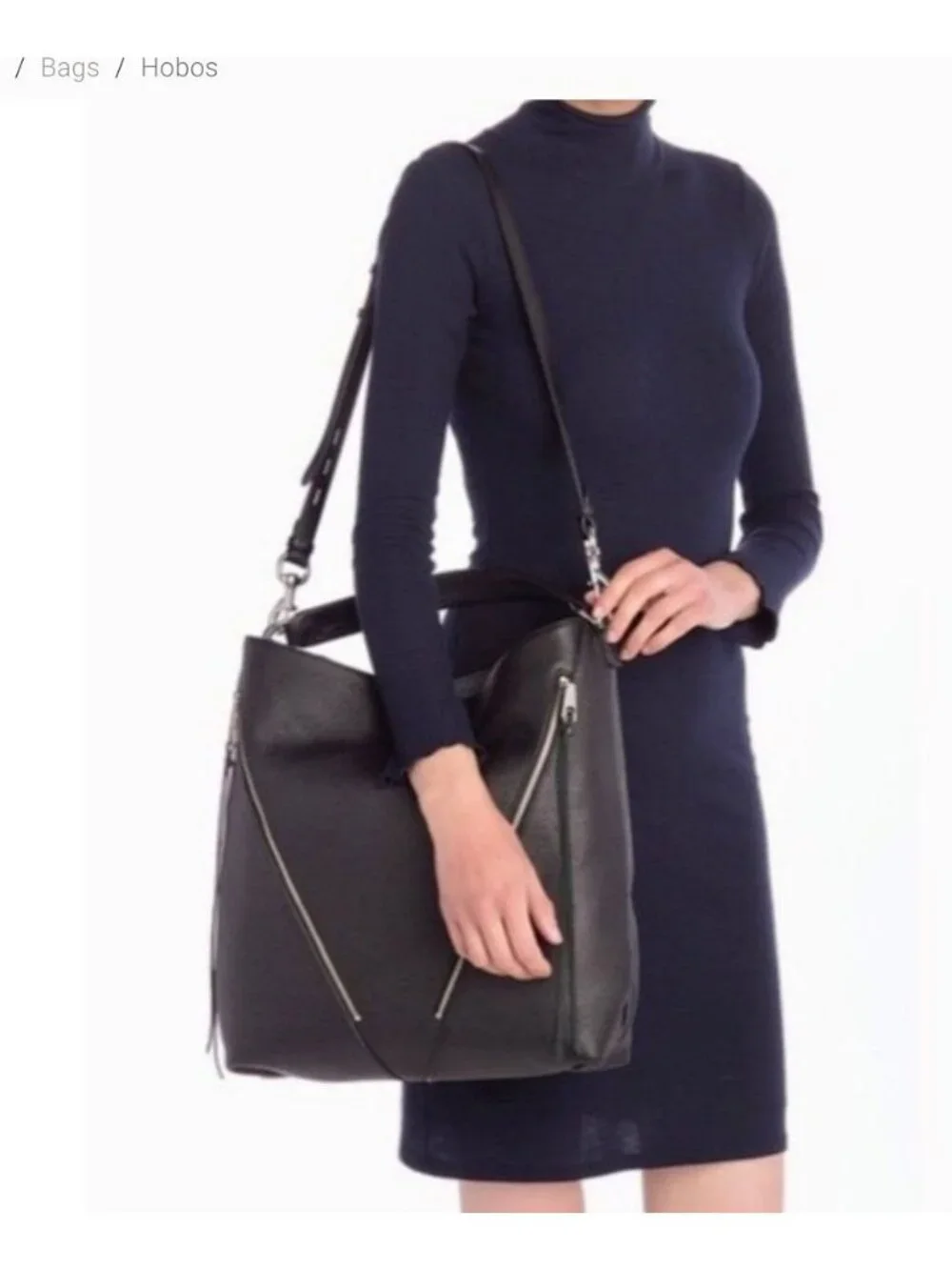 Rebecca Minkoff Double Zippers Moto Hobo Bag Leather Crossbody Satchel Black